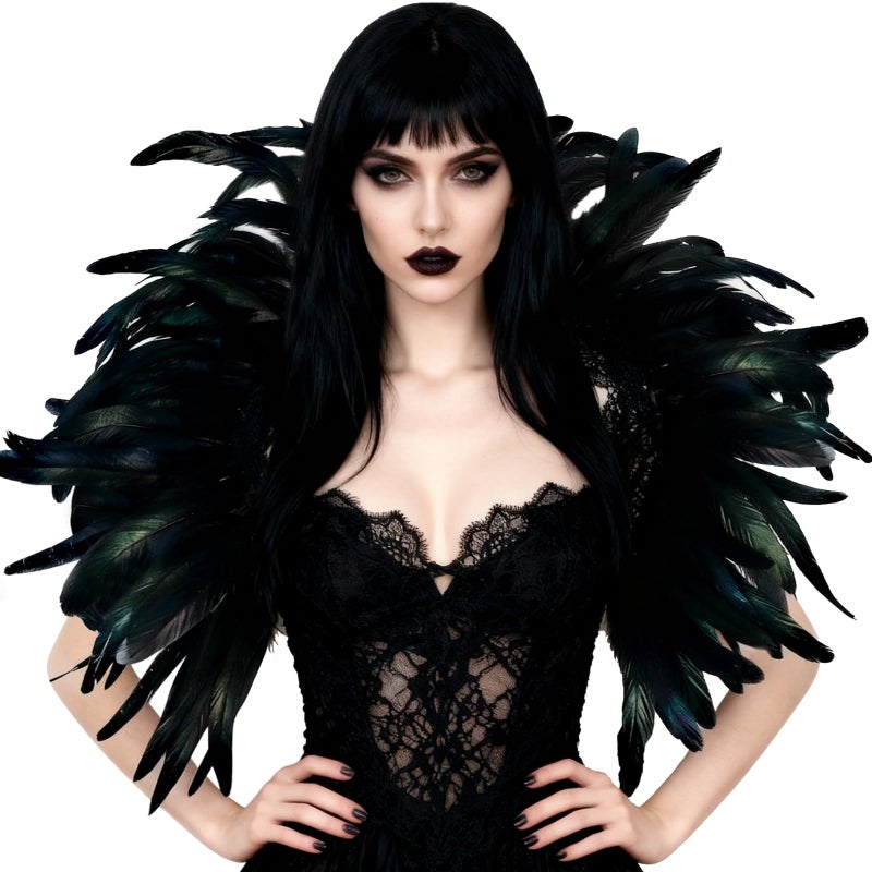 L'VOW Black Crow Feather Cape Shawl Stand Up Collar Halloween Devil Wings Witch Costume(Black) - Image 2